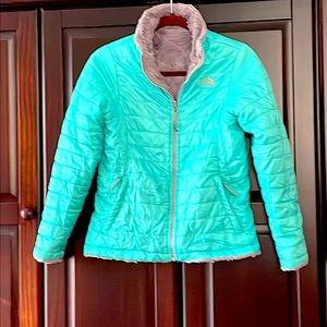 The North Face Mossbud Jacket Girls Large 14/16 Reversible Fleece Puffer Aqua